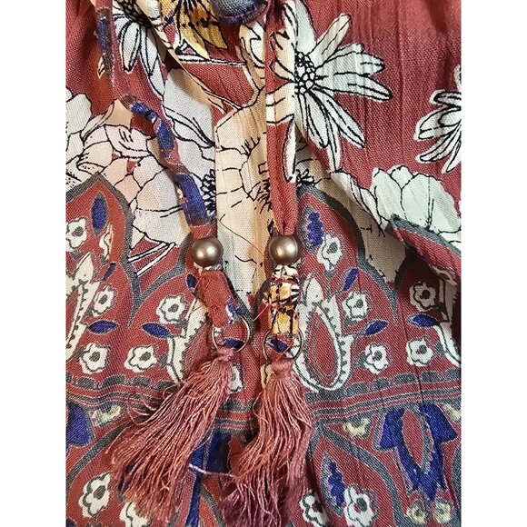 Angie Rust Floral Print Off-Shoulder Romper With Bell Sleeves & Waist Tie Size M - Picture 10 of 15